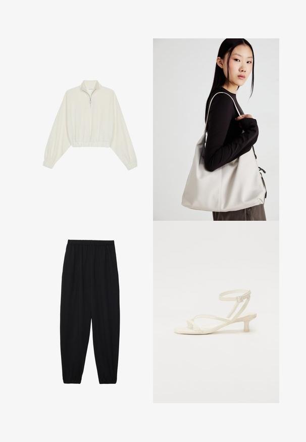 Zkrácený svetr z krémové látky, který má vysoký límec, poloviční zip, elastický spodní lem a manžety, hladkou texturu a minimalistický design.; Černé, lehké kalhoty s elastickým pasem a nařasenými kotníky. Tkanina je hladká a má uvolněný, zúžený design.; Světle slonovinové sandály na nízkém blokovém podpatku. Vyrobené z hladkého materiálu, s tenkými pásky a spona na noze.; Beige kabelka vyrobená z měkkého materiálu, s volným designem, prošívanými detaily a dvěma ramenními popruhy. Vhodná pro každodenní použití.