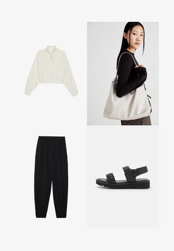 Avkortad tröja i krämfärgad tyg, med hög krage, halvdragkedja, elastisk nederkant och ärmar, med en slät yta och minimalistisk design.; Svarta, lätta byxor med elastisk midja och samlade ankleder. Tyget är slätt och har en avslappnad, avsmalnande design.; Svarta plattformssandaler med kviltade remmar, öppen tå och justerbar vristrem. Texturerad gummisul med zigzag-mönster för bra grepp.; Beige handväska tillverkad av mjukt material, med en avslappnad design, sydda detaljer och två axelremmar. Lämplig för dagligt bruk.