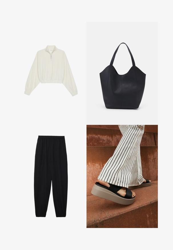 Skórzany pulower w kolorze kremowym, z wysokim kołnierzem, półzamkiem, elastycznym wykończeniem u dołu i mankietami, o gładkiej teksturze i minimalistycznym designie.; Czarne, lekkie spodnie z elastycznym pasem i ściągaczami na kostkach. Materiał jest gładki i ma luźny, zwężany krój.; Czarne klapki na szerokim pasku krzyżowym, z grubą beżową podeszwą, zestawione z kremowymi spodniami w paski i dzwonami na czerwonawym podłożu.; Czarna torba na ramię wykonana z gładkiej skóry, z zaokrąglonym, otwartym topem i dwoma paskami na ramię oraz minimalistycznym designem.