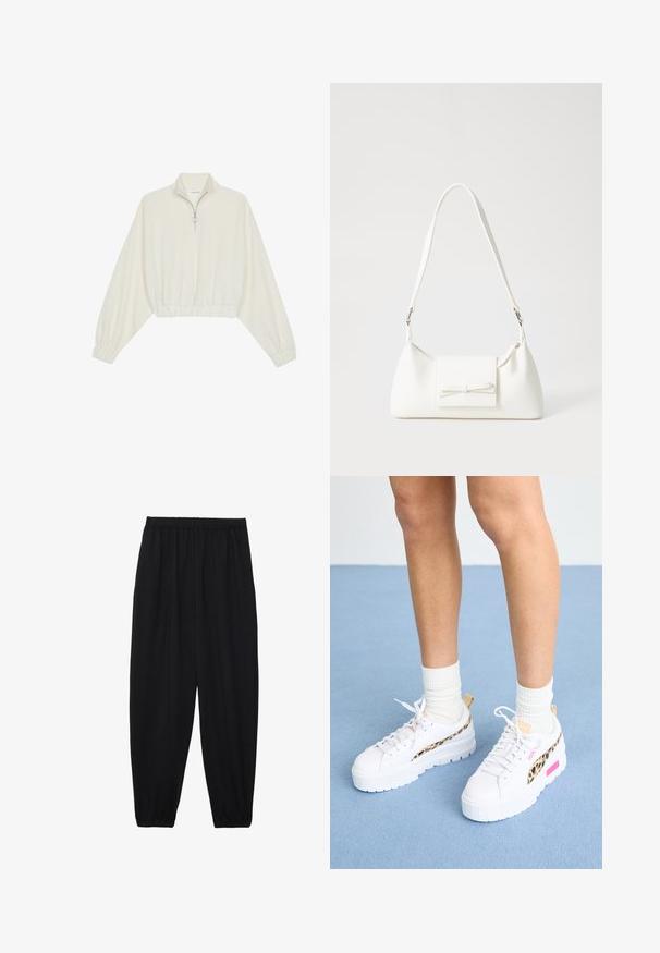 Cropped pullover in cream fabric, featuring a high collar, half-zip closure, elasticated hem and cuffs, with a smooth texture and minimal design.; Black, lightweight pants with an elastic waistband and gathered ankles. The fabric is smooth and features a relaxed, tapered design.; Puma MAYZE - Trainers - white/granola; White synthetic handbag with a triangular shape, flat front flap and bow detail, adjustable strap, smooth texture, and minimalistic design.
