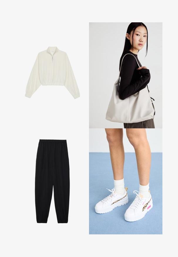 Skraćeni pulover od kremastog materijala, s visokim ovratnikom, zatvaranjem na polovicu munje, elastičnim rubom i manžetama, s glatkom teksturom i minimalnim dizajnom.; Crne, lagane hlače s elastičnom stražnjom pasicom i naboranim gležnjevima. Tkanina je glatka i ima opušteni, suženi dizajn.; Puma MAYZE - Tenisice - white/granola; Bežna torba od mekog materijala s opuštenim dizajnom, šivanim detaljima i dva remena za rame. Pogodna za svakodnevnu upotrebu.