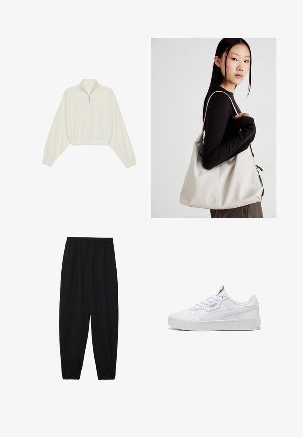 Krém színű, rövidített pulóver, magas gallérral, félig cipzáros záródással, elasztikus derék- és ujjakrésszel, sima textúrával és minimalista dizájnnal.; Fekete, könnyű nadrág elasztikus derékkal és ráncolt bokákkal. Az anyag sima és laza, szűkített dizájnnal rendelkezik.; Fehér sneakers, textúrált szintetikus bőrből készült, vastag platformtalppal, fűzős kialakítással, perforált részletekkel és diszkrét arany logóval.; Puha anyagból készült bézs kézitáska, laza dizájnnal, varrott részletekkel és két vállpánttal. Mindennapi használatra alkalmas.