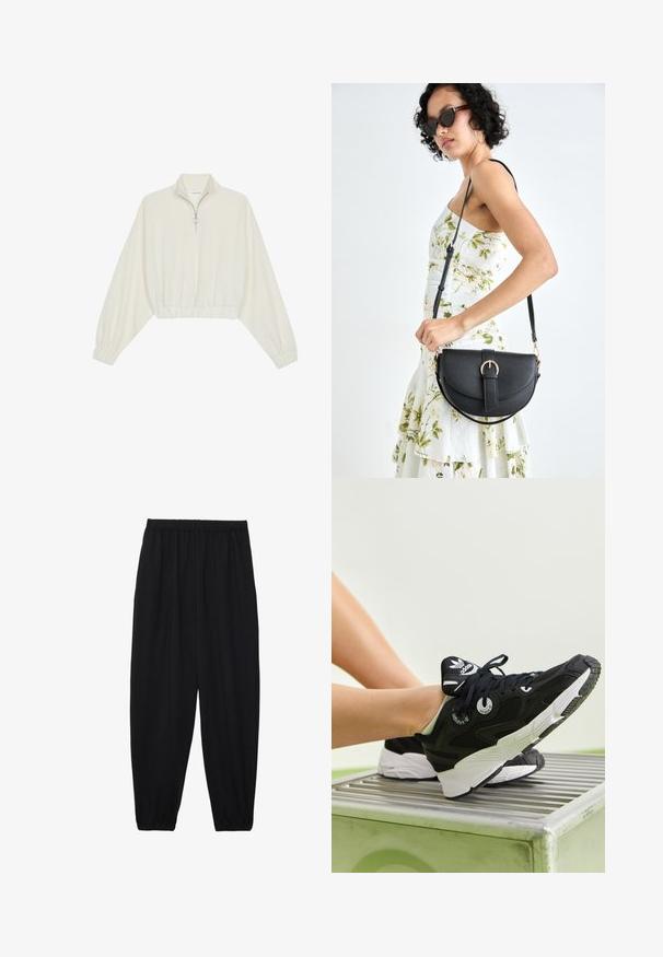 Cropped pullover in cream fabric, featuring a high collar, half-zip closure, elasticated hem and cuffs, with a smooth texture and minimal design.; Black, lightweight pants with an elastic waistband and gathered ankles. The fabric is smooth and features a relaxed, tapered design.; Black athletic sneakers with a mesh and synthetic upper, white midsole, and round eyelets. Features branded tongue logo and thick rubber sole.; Black leather handbag with a curved shape, detachable strap, and gold hardware. The bag features a flap with a buckle detail.