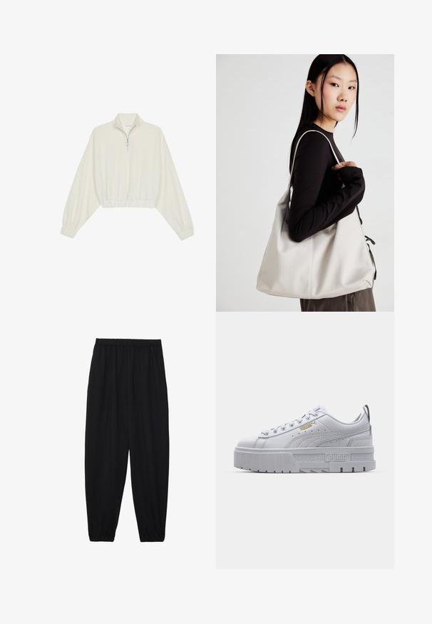 Zkrátený pulover z krémového materiálu, s vysokým golierom, polovičným zipsom, elastickým lemom a manžetami, s hladkou textúrou a minimalistickým dizajnom.; Čierne, ľahké nohavice s elastickým pásom a zúženými nohavicami. Tkanina je hladká a má voľný, zúžený strih.; Biele platformové tenisky so hladkým koženým zvrškom, polstrovaným golierom, šedou gumovou podrážkou a zlatými akcentami, v ktorých sa nachádza logo Puma.; Béžová kabelka vyrobená z mäkkého materiálu, s uvoľneným dizajnom, prišitými detailmi a dvoma popruhmi na nosenie na pleciach. Vhodná na každodenné nosenie.