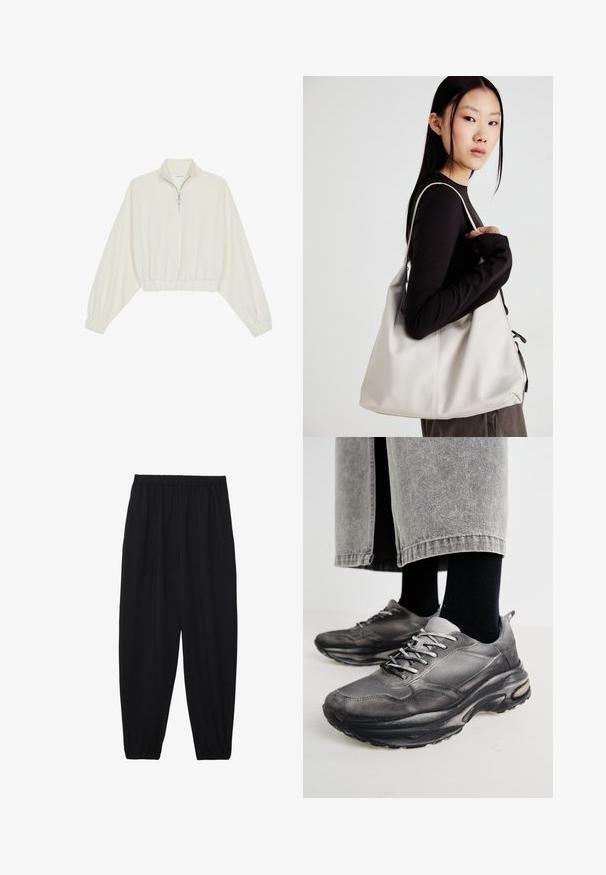 Cropped pullover in cream fabric, featuring a high collar, half-zip closure, elasticated hem and cuffs, with a smooth texture and minimal design.; Black, lightweight pants with an elastic waistband and gathered ankles. The fabric is smooth and features a relaxed, tapered design.; Black and gray athletic shoes feature a mesh upper, thick soles, and laces. They have a rounded toe and visible cushioning detail.; Beige handbag made of soft material, featuring a slouchy design, stitched detailing, and two shoulder straps. Suitable for everyday use.
