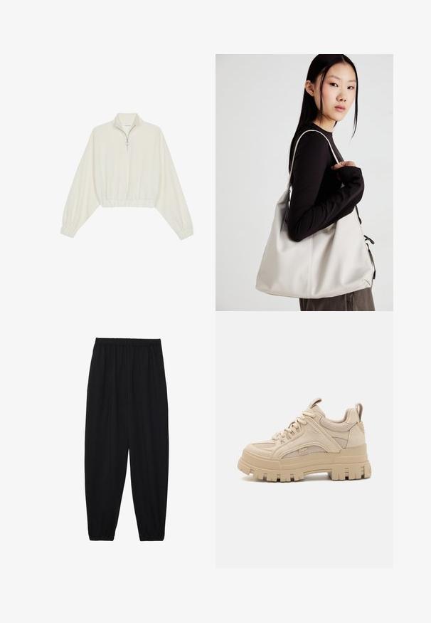 Kreemfarbenest lühikese varrukaga kudum, millel on kõrge kaelus, pool tõmblukk, elastne allosa ja varrukad, sile tekstuur ja minimaalne disain.; Mustad, kerge kangas püksid elastse vöökoha ja kokku volditud pahkluudega. Kanga pind on sile ja disain on lõdvestunud, kitsenev.; Beezid jakked spordijalatsid, millel on võrgu ja nubukmaterjalide segu, paksema tallaga ja silmapaistva mustriga, nööriga kinni pandud disain ja brändi detail.; Bež käekott pehme materjali, millel on lõtv disain, õmblustega detailid ja kaks õlarihma. Sobib igapäevaseks kasutamiseks.