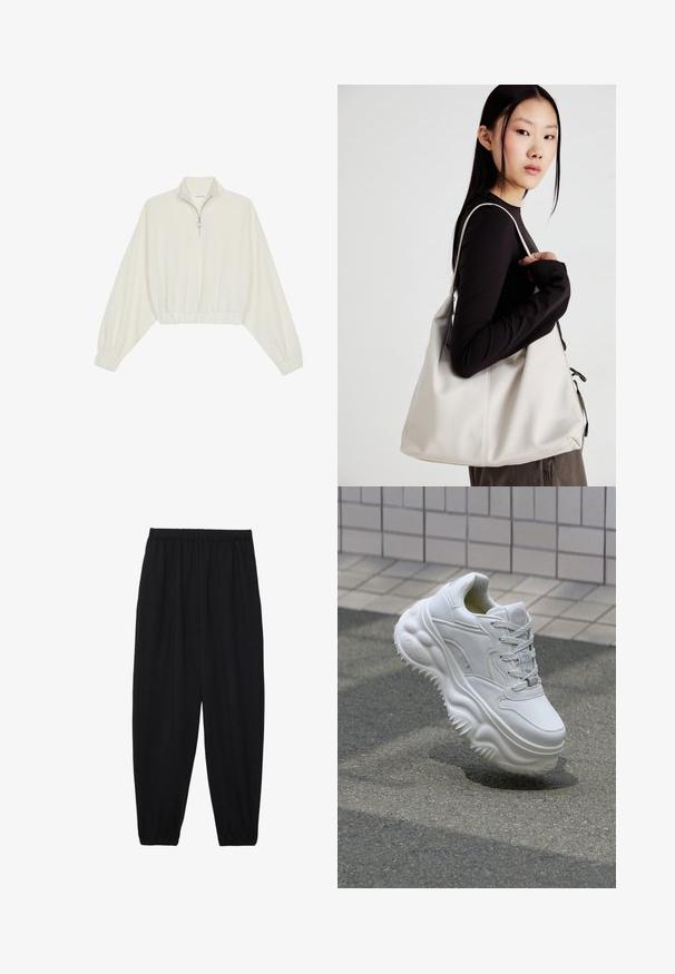 Cropped pullover in cream fabric, featuring a high collar, half-zip closure, elasticated hem and cuffs, with a smooth texture and minimal design.; Black, lightweight pants with an elastic waistband and gathered ankles. The fabric is smooth and features a relaxed, tapered design.; White leather sneaker with a chunky sole, textured detailing, and lace-up closure. Features molded accents and a smooth finish.; Beige handbag made of soft material, featuring a slouchy design, stitched detailing, and two shoulder straps. Suitable for everyday use.