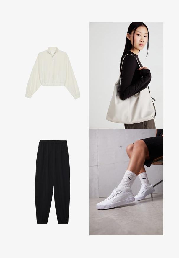 Sudadera cropped en tejido crema, con cuello alto, cierre de media cremallera, dobladillo y puños elásticos, con una textura suave y un diseño minimalista.; Pantalones negros, ligeros, con cintura elástica y tobillos fruncidos. La tela es suave y presenta un diseño relajado y ajustado.; Zapatillas blancas con una parte superior sintética suave, suela estructurada y acentos texturizados. Llevadas con calcetines blancos de canalé que presentan un pequeño logo.; Bolso de mano beige hecho de material suave, con un diseño holgado, detalles cosidos y dos asas. Adecuado para uso diario.