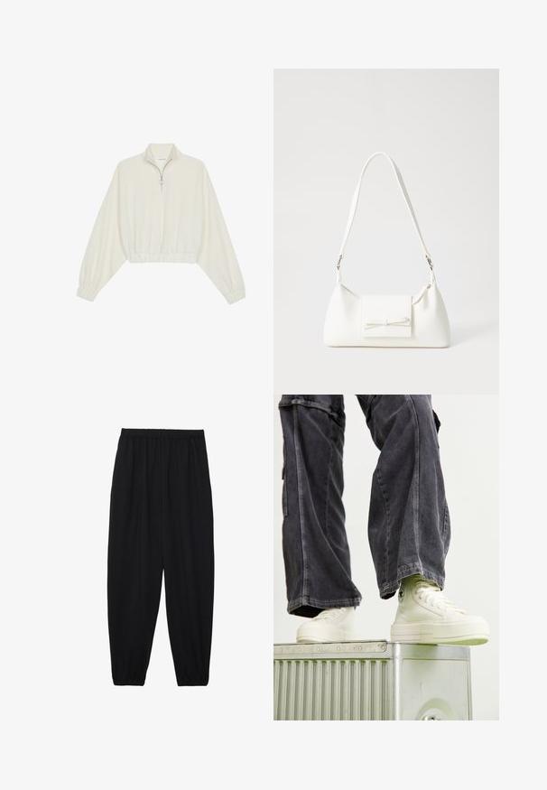 Cropped pullover in cream fabric, featuring a high collar, half-zip closure, elasticated hem and cuffs, with a smooth texture and minimal design.; Black, lightweight pants with an elastic waistband and gathered ankles. The fabric is smooth and features a relaxed, tapered design.; High-top sneakers in off-white canvas with rubber soles, detailed stitching, and a circular logo, paired with dark gray wide-leg cargo pants.; White synthetic handbag with a triangular shape, flat front flap and bow detail, adjustable strap, smooth texture, and minimalistic design.