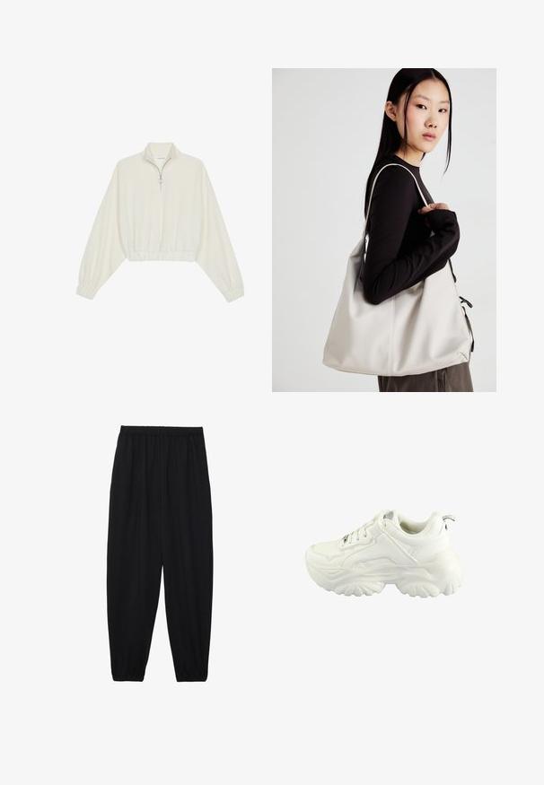 Kreptais pusītes džemperis krēmkrāsā, ar augstu apkakli, puszipa aizdari, elastīgu apakšmalu un aprocēm, ar gludu tekstūru un minimālistisku dizainu.; Melnas, vieglas bikses ar elastīgu jostu un savilktiem potītiem. Audums ir gluds un to raksturo brīva, sašaurināta forma.; Balti tenisaki ar masīvu dizainu, gludu sintētisku augšdaļu, mīkstinātu apkakli un teksturētu gumijas zoli ar dimanta rakstu.; Bežs rokassoma, izgatavota no mīksta materiāla, ar brīvu dizainu, izšūtu apdari un divām plecu siksnām. Piemērota ikdienas lietošanai.
