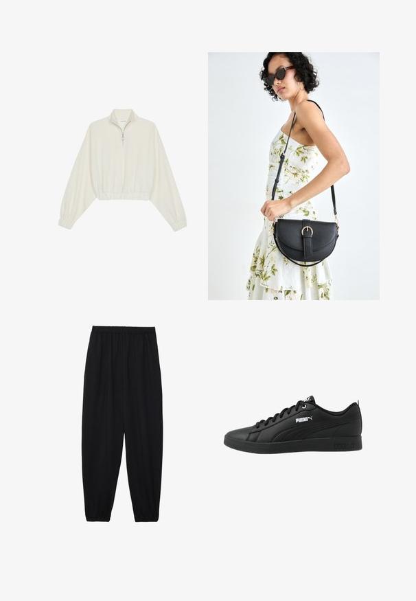 Kreemfarbenest lühikese varrukaga kudum, millel on kõrge kaelus, pool tõmblukk, elastne allosa ja varrukad, sile tekstuur ja minimaalne disain.; Mustad, kerge kangas püksid elastse vöökoha ja kokku volditud pahkluudega. Kanga pind on sile ja disain on lõdvestunud, kitsenev.; Mustad mustat spordijalatsid, mis on valmistatud siledast sünteetilisest nahast, ümarate varvastega, paeltega kinnitatavad ja valgete logo aktsentidega külgedel ja keeles.; Mustmust mustraha kõverate joontega, eemaldatava rihmaga ja kuldsete detailidega. Kotil on klapp, millel on pandladetail.