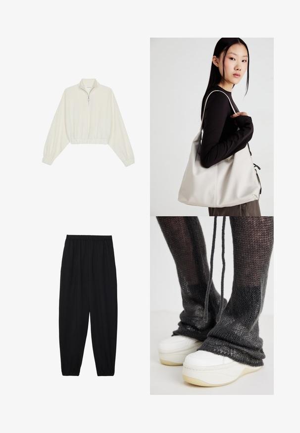 Pullover accorciato in tessuto crema, con colletto alto, chiusura a zip parziale, orlo e polsini elasticizzati, dalla texture liscia e design minimal.; Pantaloni neri leggeri con vita elastica e caviglie arricciate. Il tessuto è liscio e presenta un design rilassato e affusolato.; Scaldamuscoli lavorati a maglia in grigio scuro con una vestibilità morbida e lacci, abbinati a sneakers bianche con suola testurizzata e piatta.; Borsa a mano beige realizzata in materiale morbido, caratterizzata da un design morbido, dettagli cuciti e due manici. Adatta per l'uso quotidiano.