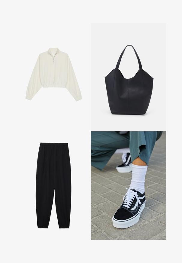 Kreminės spalvos trumpas megztinis, turintis aukštą apykaklę, pusiau užtrauktuką, elastinį apačią irRankovių kraštus, su lygiu paviršiumi ir minimalizuotu dizainu.; Juodi, lengvi kelnių su elastinga juosmens juosta ir surinktais kulkšniais. Audinys yra lygus ir turi atsipalaidavusį, siaurėjantį dizainą.; Juodas zomšinės sportbačiai su baltais akcentais ir raišteliais, turintys storą baltą padą ir kontrastingą siuvinėjimą, derinami su balta kojine.; Juodas rankinės maišelis, pagamintas iš lygaus odos, su išlenktu atviru viršumi, dviem petinėmis dirželis ir minimalistiniu dizainu.