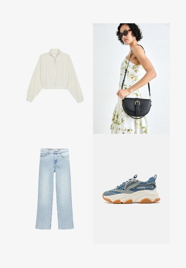 Cropped pullover in cream fabric, featuring a high collar, half-zip closure, elasticated hem and cuffs, with a smooth texture and minimal design.; Light blue wide-leg jeans made of denim with a high waist, five pockets, and a button-fly closure. Features minimal stitching detail.; Denim sneaker featuring a layered blue design, frayed accents, a white chunky sole, and a rubber brown outsole for grip.; Black leather handbag with a curved shape, detachable strap, and gold hardware. The bag features a flap with a buckle detail.