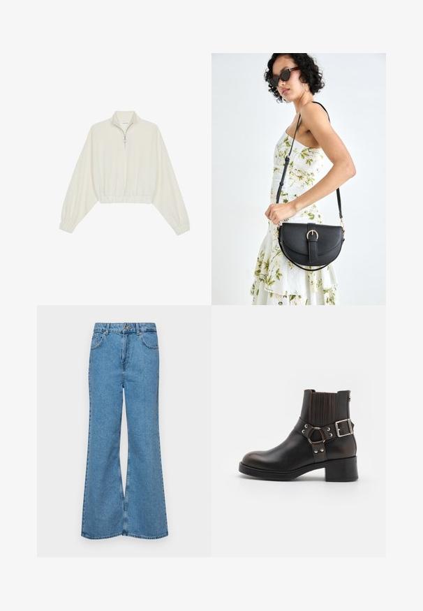 Zkrácený svetr z krémové látky, který má vysoký límec, poloviční zip, elastický spodní lem a manžety, hladkou texturu a minimalistický design.; Světle modré rozšířené džíny z denimu, se zvýšeným pasem, pěti kapsami a jedním knoflíkem na zapínání. Měkký povrch s vybledlým vzhledem.; Černá kožená kotníková bota s kulatou špičkou, elastickými bočními panely a dekorativním páskem se sponou. Vybavena kontrastním prošíváním a nízkým podpatkem.; Černá kožená kabelka s křivkovým tvarem, odnímatelným popruhem a zlatými detaily. Kabelka má klopu s přezkou.