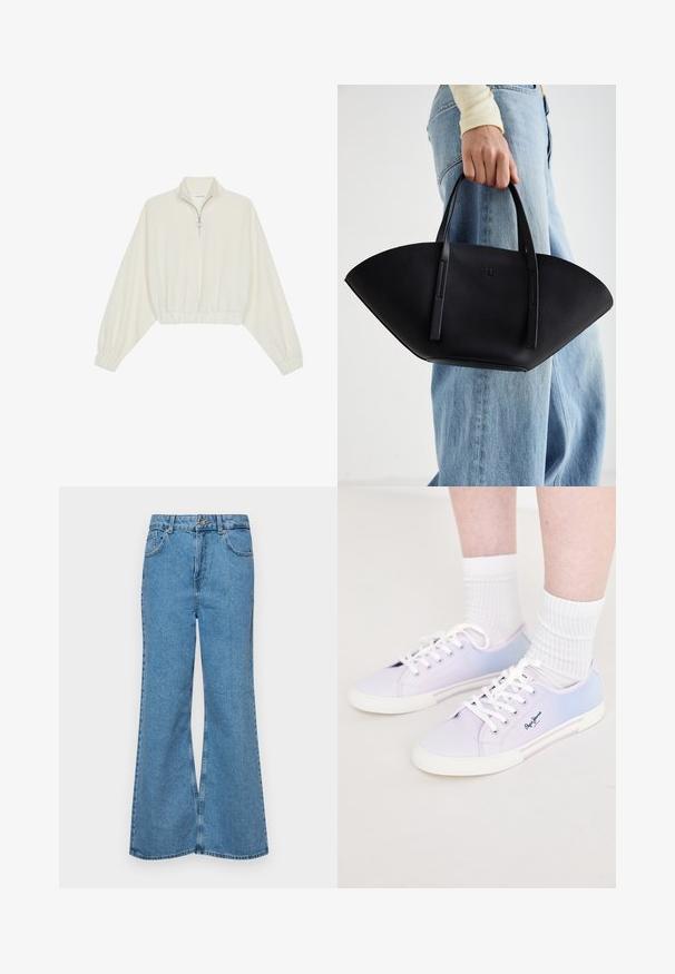 Zkrácený svetr z krémové látky, který má vysoký límec, poloviční zip, elastický spodní lem a manžety, hladkou texturu a minimalistický design.; Světle modré rozšířené džíny z denimu, se zvýšeným pasem, pěti kapsami a jedním knoflíkem na zapínání. Měkký povrch s vybledlým vzhledem.; Světlé fialové a modré plátěné tenisky s bílými tkaničkami a gumovými podrážkami, na boku s logem a kontrastními barevnými panely.; Černá kožená kabelka s jedinečným tvarováním ve tvaru vějíře, vybavená plochými uchy. Povrch má jemně zrnitou texturu a minimalistický design.