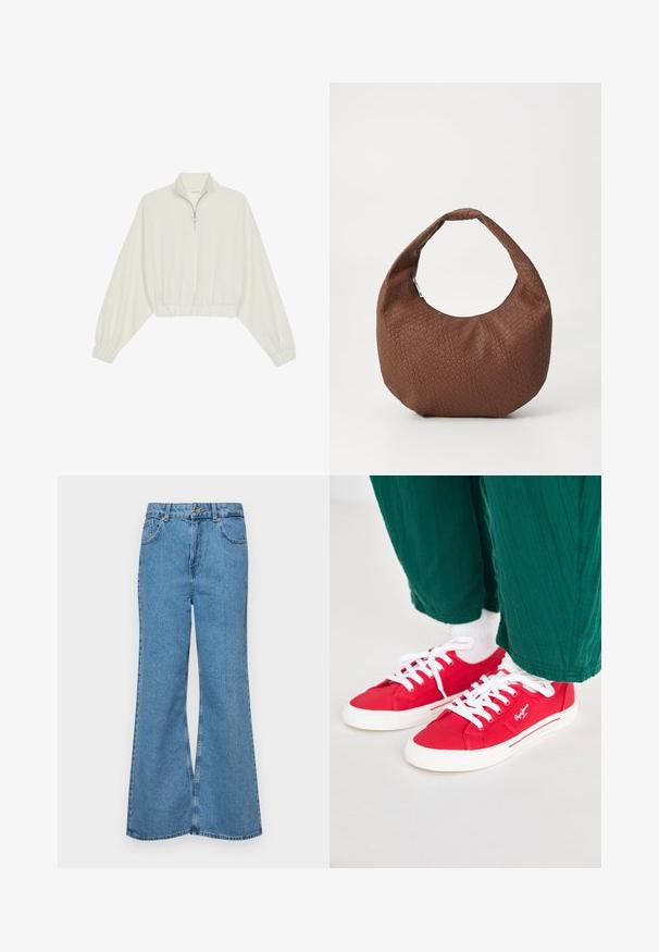 Kort genser i kremfarget stoff, med høy krage, halv glidelås, elastisk nederste kant og mansjetter, med en glatt tekstur og minimalistisk design.; Lyseblå vide jeans laget av denim, med høyt liv, fem lommer og en enkelt knappelukking. Myk tekstur med falmet finish.; Røde kanvas sneakers med hvite snørebånd, med en hvit gummisåle og stripete detaljer på siden. Brukt med grønne teksturerte bukser og hvite sokker.; Brun flettet håndveske med en rund form, som har en enkelt, polstret håndtak og en teksturert overflate. Ingen synlige detaljer eller accenter.