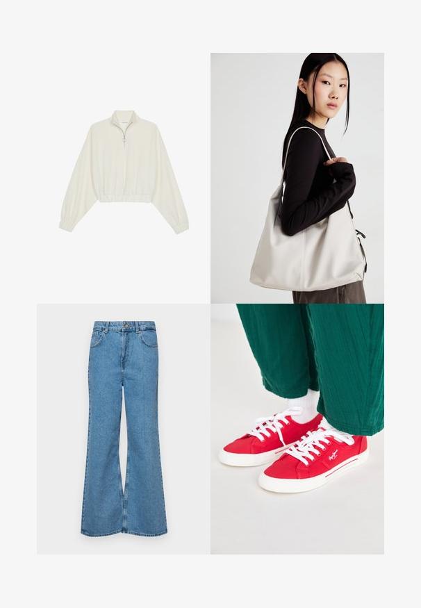 Pulover scurt din stofă crem, cu guler înalt, închidere cu fermoar pe jumătate, elastic la margini și la manșete, cu o textură netedă și un design minimalist.; Jeanși evazați de culoare albastru deschis, din denim, cu talie înaltă, cinci buzunare și închidere cu un singur buton. Textură moale cu un finisaj decolorat.; Tenisi roșii din pânză cu șireturi albe, având o talpă din cauciuc alb și accenturi în dungi pe lateral. Purtați cu pantaloni verzi texturați și șosete albe.; Geantă bej din material moale, cu un design lejer, detalii cusute și două bretele pentru umăr. Potrivită pentru utilizarea zilnică.