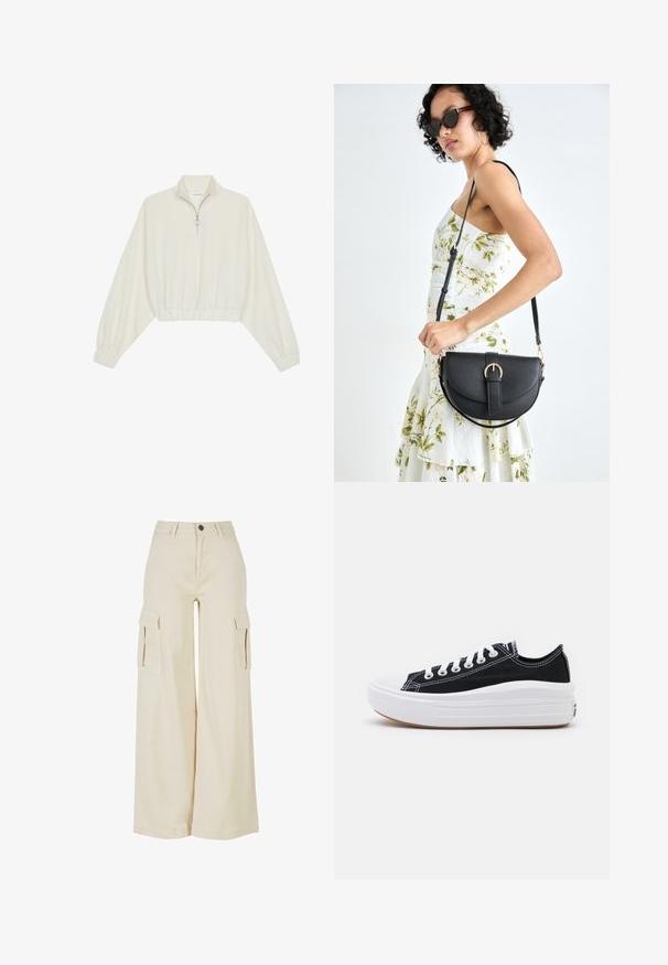 Cropped pullover in cream fabric, featuring a high collar, half-zip closure, elasticated hem and cuffs, with a smooth texture and minimal design.; Beige wide-leg cargo pants made from cotton, featuring two large side pockets, a front button closure, and a clean hem.; Black canvas sneakers with white laces, white rubber toe cap, and a chunky white midsole. Features subtle white stitching and a gum sole.; Black leather handbag with a curved shape, detachable strap, and gold hardware. The bag features a flap with a buckle detail.