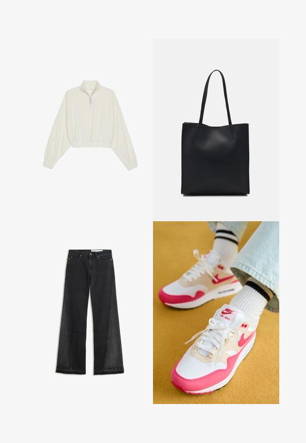 Kratka pulover v kremnem blagu, z visokim ovratnikom, pol-zadrgo, elastičnim robom in manšetami, z gladko teksturo in minimalističnim oblikovanjem.; Široke hlače iz črnega denima s strganim robom. Imajo kontrastne stranske panele in standardno pet-pocket obliko. Zapiranje na gumb in zadrgo.; Bele in rožnate Nike Air Max superge z bež zgornjim delom, ki ima teksturirano površino, bele vezalke in vidno zračno podplato.; Črna usnjena torba s svilnato teksturo, pravokotne oblike in dvema dolgima ročajema. Brez vidnih metalnih delov ali okrasnih elementov.