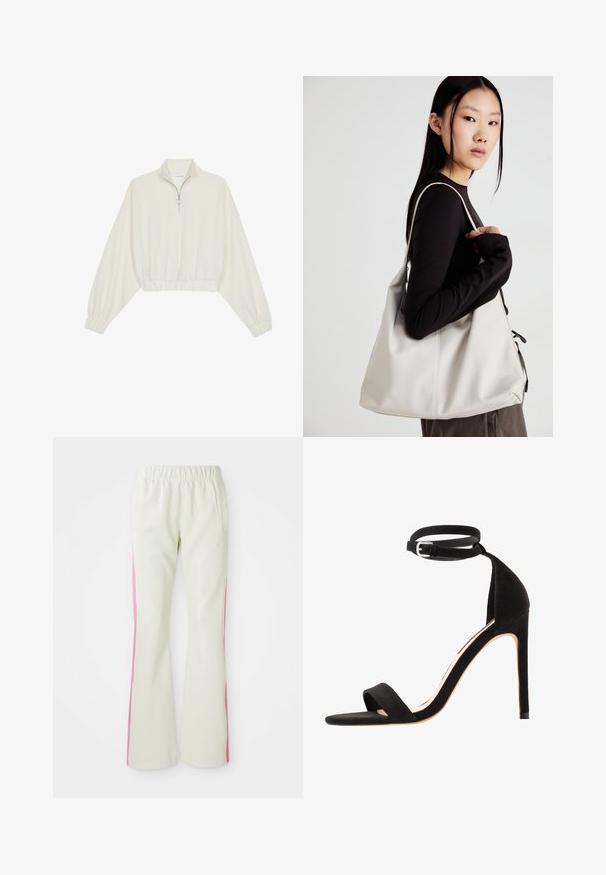 Lyhyt kerrosvaate vaaleasta kankaasta, jossa on korkea kaulus, puolivetoketjukiinnitys, joustavat helma ja hihansuut, tasainen pinta ja minimalistinen muotoilu.; Vaaleanbeige housut, joissa on joustava vyötärö, pinkit sivupaneelit ja sivutaskut. Silkkinen tekstuuri suoran lahkeen muotoilulla.; Mustat keinonahka korkokengät, joissa on yksinkertainen hihnasuunnittelu, avonaiset varpaat ja nilkkahihna, jossa on hopeinen solki.; Beige laukku, joka on valmistettu pehmeästä materiaalista, ja siinä on rento muotoilu, ommeltu yksityiskohtia ja kaksi olkahihnaa. Sopii päivittäiseen käyttöön.