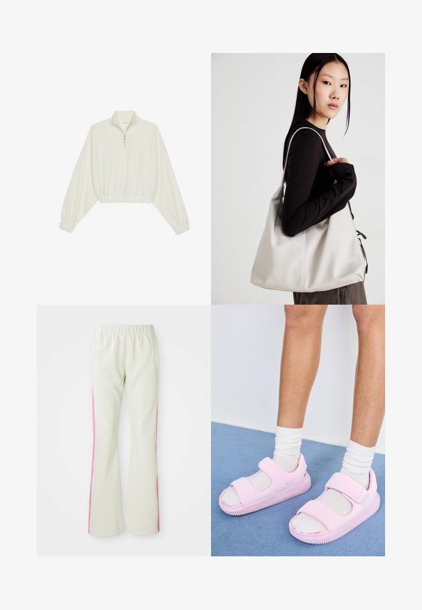 Pullover curto em tecido creme, apresentando um colarinho alto, fecho de meio zíper, bainha e punhos elásticos, com uma textura suave e design minimalista.; Calças bege claras com uma cintura elástica, apresentando painéis laterais cor-de-rosa e bolsos laterais. Textura suave com um design de perna reta.; Sandálias desportivas cor-de-rosa com uma tira larga e design de dedo do pé aberto, feitas de material suave, apresentando uma sola texturizada para melhor aderência.; Uma bolsa bege feita de material macio, com um design descontraído, detalhes de costura e duas alças para o ombro. Adequada para uso diário.