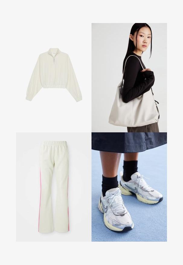 Pulover scurt din stofă crem, cu guler înalt, închidere cu fermoar pe jumătate, elastic la margini și la manșete, cu o textură netedă și un design minimalist.; Pantaloni bej deschis cu talie elastică, având panouri laterale roz și buzunare laterale. Textură netedă cu un design drept.; Adidași Nike albi și argintii, cu material din plasă, accente reflexive și talpă bej. Purtați cu șosete negre, stând pe o suprafață albastră.; Geantă bej din material moale, cu un design lejer, detalii cusute și două bretele pentru umăr. Potrivită pentru utilizarea zilnică.