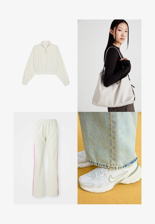 Kreptais pusītes džemperis krēmkrāsā, ar augstu apkakli, puszipa aizdari, elastīgu apakšmalu un aprocēm, ar gludu tekstūru un minimālistisku dizainu.; Gaiši beigi bikses ar elastīgu jostu, aprīkotas ar rozā sānu paneļiem un sānu kabatām. Gluda tekstūra ar taisnu kāju dizainu.; Balti sporta apavi ar sieta augšdaļu, zaļiem akcentiem, teksturētu zoli, kopā ar gaiši ziliem džinsiem ar saplēstu malu.; Bežs rokassoma, izgatavota no mīksta materiāla, ar brīvu dizainu, izšūtu apdari un divām plecu siksnām. Piemērota ikdienas lietošanai.