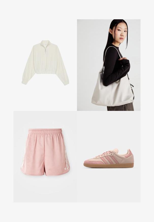 Kreptais pusītes džemperis krēmkrāsā, ar augstu apkakli, puszipa aizdari, elastīgu apakšmalu un aprocēm, ar gludu tekstūru un minimālistisku dizainu.; Rozā sporta šorti ar elastīgu jostu, sānu baltas stripes detaļas un neliels logotips apakšējā kreisajā frontē. Gluda auduma tekstūra.; adidas Originals SAMBA OG - Sporta apavi - quartz/mauve; Bežs rokassoma, izgatavota no mīksta materiāla, ar brīvu dizainu, izšūtu apdari un divām plecu siksnām. Piemērota ikdienas lietošanai.