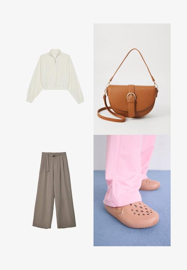 Kort striktrøje i cremefarvet stof med høj krave, halvlynlås, elastisk kant og manchetter, glat tekstur og minimalistisk design.; Vide ben bukser i et blødt, afdæmpet grå stof, med en bælte i taljen og plisseringer for ekstra designdetalje. Glat tekstur, ingen mønstre.; Nike klipklappere i tan plast med perforeringer, strukturerede sider og en gylden swoosh. Båret med lyserøde bukser på et blåt gulv.; Brun læder crossbody taske med en buet form, guldfarvet hardware og en spændeaccent. Har en aftagelig skulderrem.