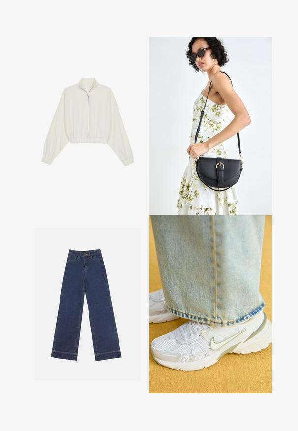 Kort striktrøje i cremefarvet stof med høj krave, halvlynlås, elastisk kant og manchetter, glat tekstur og minimalistisk design.; Vidde bukser i mørkeblå denim. Har fem lommer, bæltestropper og en rå kant nederst med synlige stikninger.; Hvide sportsko med mesh-overdel, grønne accenter, tekstureret sål, parret med lyseblå denimjeans med en flosset kant.; Sort læderhåndtaske med en buet form, aftagelig rem og guldfinish. Tasken har en klap med en spænde detalje.