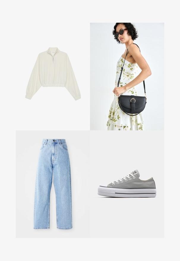 Pullover curto em tecido creme, apresentando um colarinho alto, fecho de meio zíper, bainha e punhos elásticos, com uma textura suave e design minimalista.; Jeans de ganga azul claro de cintura alta, com pernas largas e retas, fecho frontal por botão e zip e bolsos à frente e atrás.; Ténis de lona cinza com atacadores brancos, biqueira de borracha e uma sola de borracha branca espessa com duas riscas pretas na lateral.; Bolsa de couro preta com forma curva, alça destacável e detalhes em dourado. A bolsa possui uma aba com detalhe de fivela.