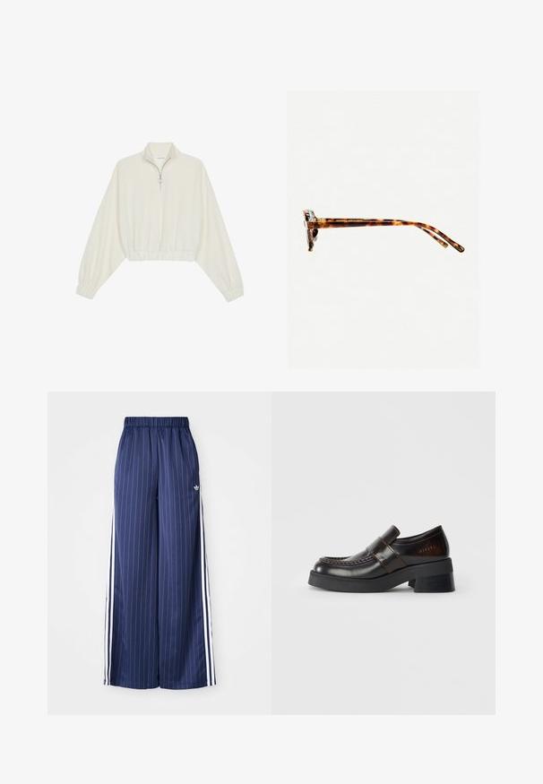 Zkrátený pulover z krémového materiálu, s vysokým golierom, polovičným zipsom, elastickým lemom a manžetami, s hladkou textúrou a minimalistickým dizajnom.; Námornícke modré široké nohavice s vertikálnymi bielymi prúžkami, elastickým pásom a tromi bielymi pruhmi po bokoch, vyrobené z ľahkého materiálu.; Hnedé kožené mokasíny s masívnym čiernym opätkom, s prešívaným dizajnom a pásikom cez hornú časť pre zvýraznenie detailu.; Slnkové okuliare v korytnačkovom vzore s hrubým rámom, mierne zakrivenými stranami a hladkým povrchom. Majú klasický dizajn s lesklým povrchom.