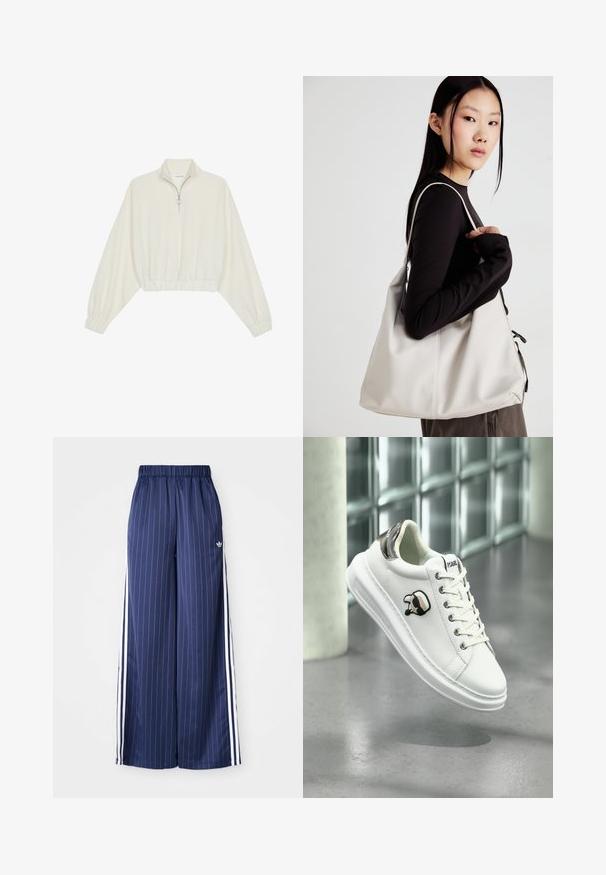 Lyhyt kerrosvaate vaaleasta kankaasta, jossa on korkea kaulus, puolivetoketjukiinnitys, joustavat helma ja hihansuut, tasainen pinta ja minimalistinen muotoilu.; Tummansiniset leveälahkeiset housut, joissa on pystysuorat valkoiset raidat, joustava vyötärö ja kolme valkoista raitaa kummallakin puolella, valmistettu kevyestä materiaalista.; Valkoinen Karl Lagerfeld -tenniskenkä, jossa on nauhat edessä, musta ja beige logo-ompelus ja metallinhohtoinen hopeanvärinen kantapäänläpyskä, leijuu harmaan lattian yllä.; Beige laukku, joka on valmistettu pehmeästä materiaalista, ja siinä on rento muotoilu, ommeltu yksityiskohtia ja kaksi olkahihnaa. Sopii päivittäiseen käyttöön.