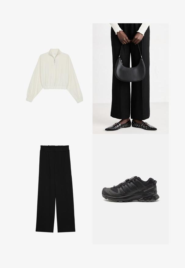 Geknipt pullover in crèmekleurige stof, met een hoge kraag, halve rits, elastische zoom en manchetten, met een soepele textuur en minimalistisch ontwerp.; Zwarte wijde broek met een gerimpelde tailleband, voorzien van twee zijzakken en een soepele, lichte stof. Geen zichtbare patronen of hardware.; Zwarte trailrunning schoen met een gestructureerde bovenkant, gebogen ontwerp, een stevig vetersysteem en een robuuste rubberen loopzool voor grip.; Zwarte lederen schoudertas met een ronde vorm, glanzende afwerking en zilverkleurige hardware. Persoon in zwarte wijde broek en gestifte loafers.