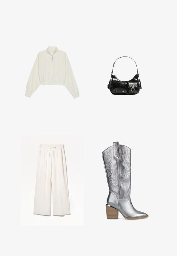 Pullover court en tissu crème, avec un col haut, fermeture éclair à mi-hauteur, ourlet et poignets élastiqués, offrant une texture lisse et un design minimaliste.; Pantalons larges blancs en tissu léger, avec une taille élastique, un cordon de serrage et des poches latérales sans motifs visibles.; Botte de cowboy métallique argentée avec une broderie complexe, bout pointu et un talon en bois empilé. Texture lisse avec des accents décoratifs.; Sac à main en cuir verni noir avec une forme incurvée, une bandoulière, des poches avant et des accents en métal argenté.