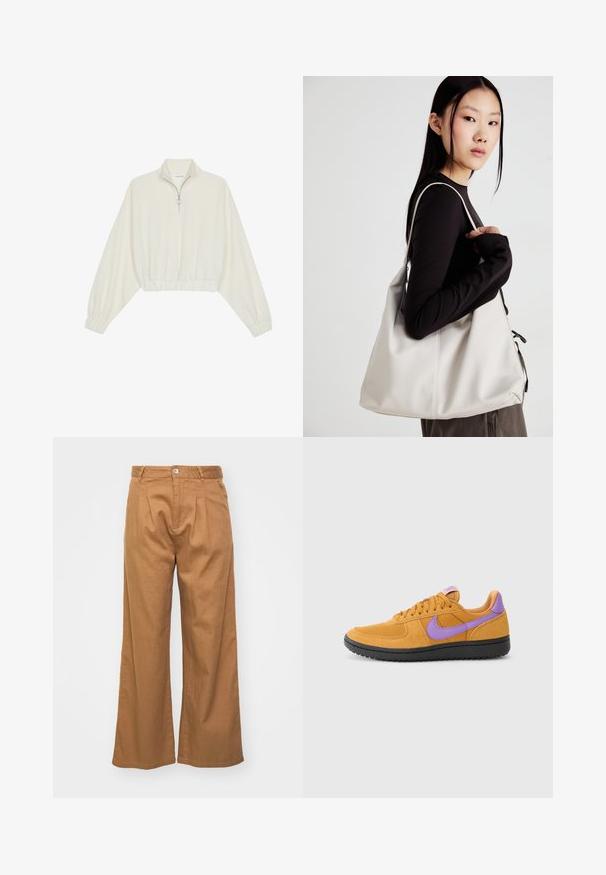 Kreemfarbenest lühikese varrukaga kudum, millel on kõrge kaelus, pool tõmblukk, elastne allosa ja varrukad, sile tekstuur ja minimaalne disain.; Kerged pruunid lai jalad püksid struktuurse kangaga, millel on ees voldid ja üksainus nööp kinnitamiseks vööl.; Oranžid nahk-sneakerid lilla aktsentidega, millel on nööridega sulgemine, ümar varvas ja tekstuuriga must kummitald.; Bež käekott pehme materjali, millel on lõtv disain, õmblustega detailid ja kaks õlarihma. Sobib igapäevaseks kasutamiseks.