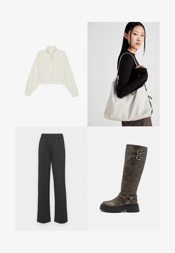 Cropped pullover in cream fabric, featuring a high collar, half-zip closure, elasticated hem and cuffs, with a smooth texture and minimal design.; Black straight-leg pants with an elastic waistband, front pleats, soft fabric, and no visible patterns or hardware details.; RAID DERRY - High heeled boots - grey; Beige handbag made of soft material, featuring a slouchy design, stitched detailing, and two shoulder straps. Suitable for everyday use.