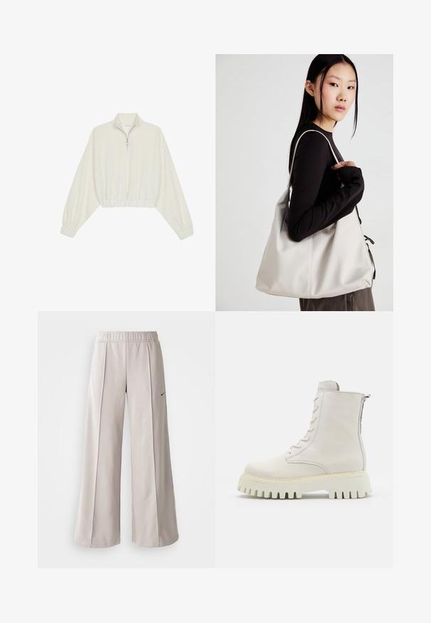 Zkrácený svetr z krémové látky, který má vysoký límec, poloviční zip, elastický spodní lem a manžety, hladkou texturu a minimalistický design.; Světlé šedé široké kalhoty vyrobené z hladké látky. Mají elastický pas a černé logo Nike na levé straně.; Bílé kožené kotníkové boty s kulatou špičkou, šněrováním vpředu a bočním zipem. Silná, rýhovaná gumová podrážka s kontrastním světlým okrajem.; Beige kabelka vyrobená z měkkého materiálu, s volným designem, prošívanými detaily a dvěma ramenními popruhy. Vhodná pro každodenní použití.
