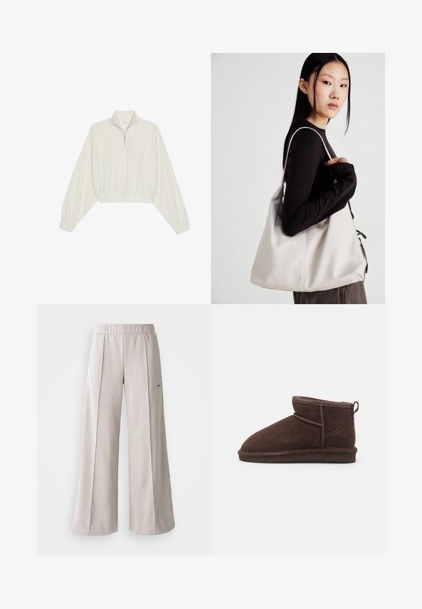 Kort genser i kremfarget stoff, med høy krage, halv glidelås, elastisk nederste kant og mansjetter, med en glatt tekstur og minimalistisk design.; Lys grå vide bukser lavet af glat stof. Har en elastisk talje og sort Nike-logo på venstre side.; Bianco BIASNOW - Ankelboots - dark brown; Beige håndveske laget av mykt materiale, med en slapp design, sydd detaljer og to skulderstropper. Passer for daglig bruk.