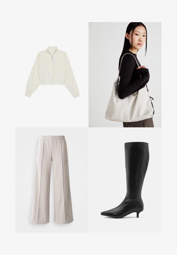 Krém színű, rövidített pulóver, magas gallérral, félig cipzáros záródással, elasztikus derék- és ujjakrésszel, sima textúrával és minimalista dizájnnal.; Világosszürke, bő szabású nadrág sima anyagból. Gumírozott derékrésszel és fekete Nike logóval a bal oldalon.; RAID ALPINE - Csizmák - black; Puha anyagból készült bézs kézitáska, laza dizájnnal, varrott részletekkel és két vállpánttal. Mindennapi használatra alkalmas.