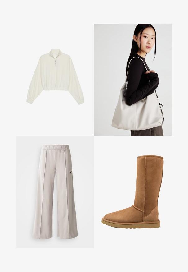 Kreemfarbenest lühikese varrukaga kudum, millel on kõrge kaelus, pool tõmblukk, elastne allosa ja varrukad, sile tekstuur ja minimaalne disain.; Heledad hallide püksid, mis on valmistatud siledast kangast. Omab elastset vöökohta ja musta Nike logo vasakul küljel.; Kaua, hele pruuni suede saabas ümarate varvastega ja õhukeste õmblusdetailidega. Kummi välistald tagab haarde, disainitud mugavuseks ja soojuseks.; Bež käekott pehme materjali, millel on lõtv disain, õmblustega detailid ja kaks õlarihma. Sobib igapäevaseks kasutamiseks.