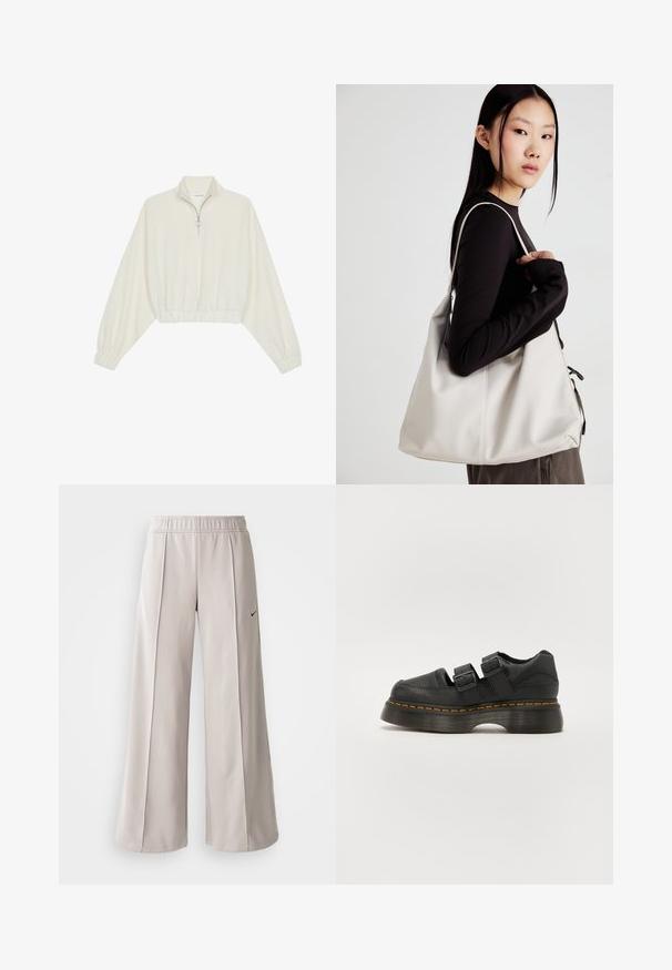 Zkrácený svetr z krémové látky, který má vysoký límec, poloviční zip, elastický spodní lem a manžety, hladkou texturu a minimalistický design.; Světlé šedé široké kalhoty vyrobené z hladké látky. Mají elastický pas a černé logo Nike na levé straně.; Černá kožená bota se dvěma nastavovacími přezkami, zvýšenou strukturovanou podešví a viditelným oranžovým prošíváním podél středové části.; Beige kabelka vyrobená z měkkého materiálu, s volným designem, prošívanými detaily a dvěma ramenními popruhy. Vhodná pro každodenní použití.
