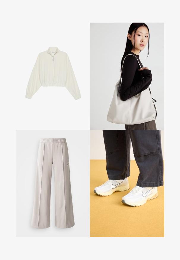Krém színű, rövidített pulóver, magas gallérral, félig cipzáros záródással, elasztikus derék- és ujjakrésszel, sima textúrával és minimalista dizájnnal.; Világosszürke, bő szabású nadrág sima anyagból. Gumírozott derékrésszel és fekete Nike logóval a bal oldalon.; Fehér sportcipők hálós és szintetikus anyagokból, szürke logóval, texturált talppal és bézs részletekkel, sötét nadrággal párosítva.; Puha anyagból készült bézs kézitáska, laza dizájnnal, varrott részletekkel és két vállpánttal. Mindennapi használatra alkalmas.