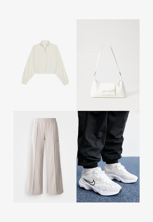 Pullover curto em tecido creme, apresentando um colarinho alto, fecho de meio zíper, bainha e punhos elásticos, com uma textura suave e design minimalista.; Calças largas de tom cinza claro feitas de tecido suave. Apresentam uma cintura elástica e o logo da Nike em preto no lado esquerdo.; Ténis atléticos brancos e cinzentos claros com um upper texturizado, sola grossa e logótipo swoosh em preto. Usados com calças de jogging pretas e meias brancas.; Mala sintética branca com formato triangular, aba frontal plana e detalhe de laço, alça ajustável, textura suave e design minimalista.