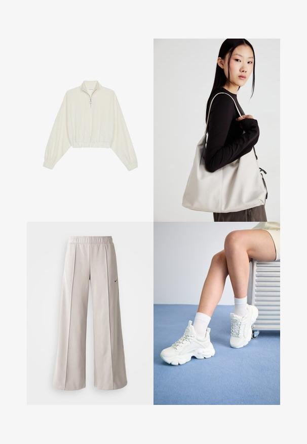 Pullover court en tissu crème, avec un col haut, fermeture éclair à mi-hauteur, ourlet et poignets élastiqués, offrant une texture lisse et un design minimaliste.; Pantalons larges gris clair en tissu lisse. Comprend une taille élastique et un logo Nike noir sur le côté gauche.; Baskets blanches à lacets avec une semelle épaisse, en matériau synthétique lisse, accents texturés et une languette au niveau du talon.; Sac à main beige en matériau souple, avec un design décontracté, des détails cousus et deux poignées. Idéal pour un usage quotidien.