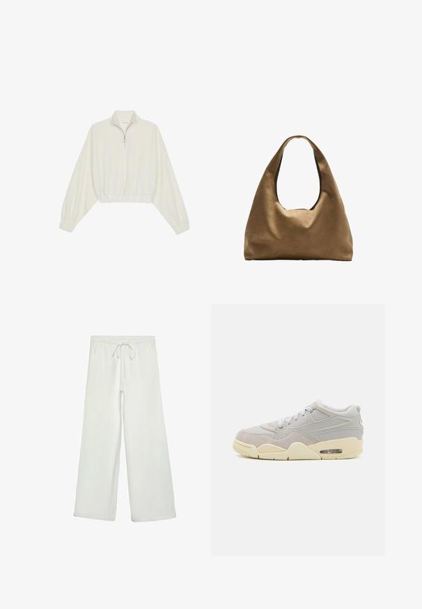 Skraćeni pulover od kremastog materijala, s visokim ovratnikom, zatvaranjem na polovicu munje, elastičnim rubom i manžetama, s glatkom teksturom i minimalnim dizajnom.; Bijele hlače širokog kroja od mekog materijala. Imaju elastični pojas s vezicom i glatku teksturu. Nema vidljivih uzoraka ili metalnih dijelova.; Svijetlosivi tenisice od antilopa i mrežastih materijala, okrugli vrh, ravni dizajn sa vezicama, suptilni kremasti naglasci i vidljivi detalj zračnog jastučića.; Smeđa platnena torba za rame s širokim, zaobljenim tijelom i velikim izrezanim drškom. Mekana tekstura, minimalistički dizajn i bez vidljivog hardvera.