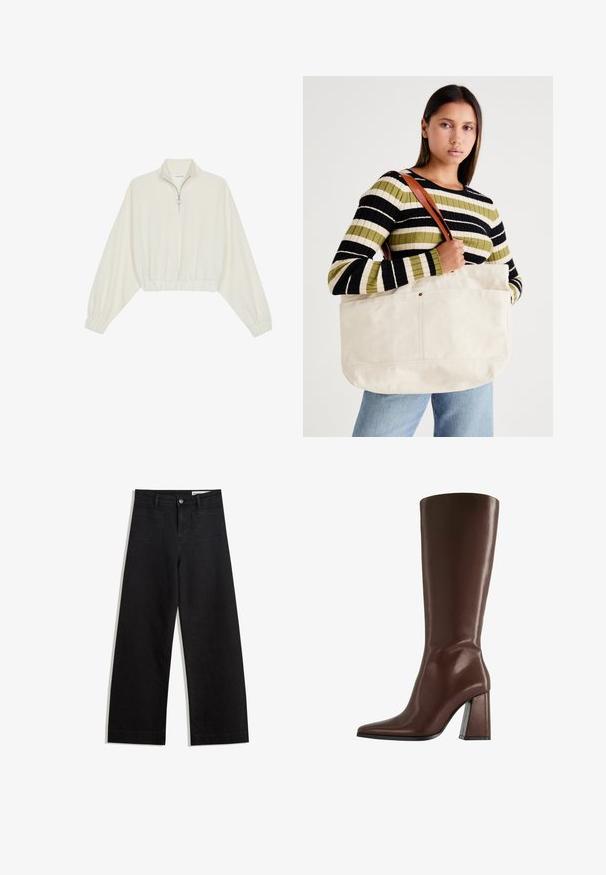 Gerippter Pullover aus cremefarbener Baumwolle mit hohem Kragen, halbem Reißverschluss, elastischen Säumen und Bündchen, glatter Textur und minimalistischem Design.; Schwarze weit geschnittene Jeans mit hoher Taille, ausgestattet mit Vorder- und Hintertaschen, gesteppten Nähten und einem Knopfverschluss. Glatte Textur.; Brauner kniehoher Lederstiefel mit spitzer Zehe und klobigem mittelhohem Absatz, Seitenansicht vor weißem Hintergrund.; Große beige Leinen-Totetasche mit braunen Ledergriffen, die ein minimalistisches Design und sichtbare Nähte aufweist.