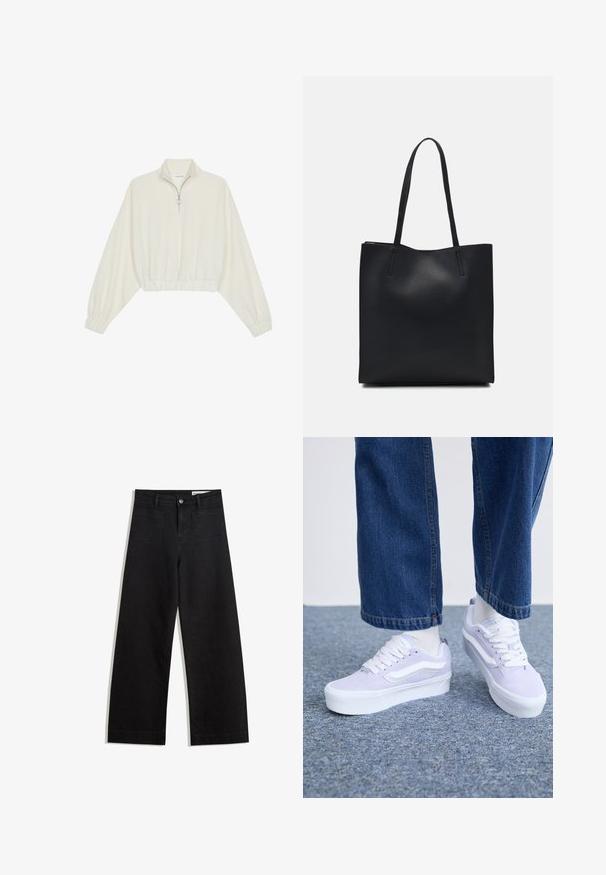 Lyhyt kerrosvaate vaaleasta kankaasta, jossa on korkea kaulus, puolivetoketjukiinnitys, joustavat helma ja hihansuut, tasainen pinta ja minimalistinen muotoilu.; Mustat leveät farkut korkealla vyötäröllä, joissa on etu- ja takataskut, ommellut saumat ja nappisuljenta. Silkinoinen rakenne.; Valkopinaiset väljät farkut ja vaaleat sukat, joissa on vaaleanvioletit mokkakengät valkoisilla yksityiskohdilla, litteät kengännauhat ja paksu valkoinen ulkopohja.; Mustapahkainen kangaskassi, jossa on sileä pinta, suorakaiteen muotoinen ja kaksi pitkää kahvaa. Ei näkyvää metalliosaa tai koristeita.