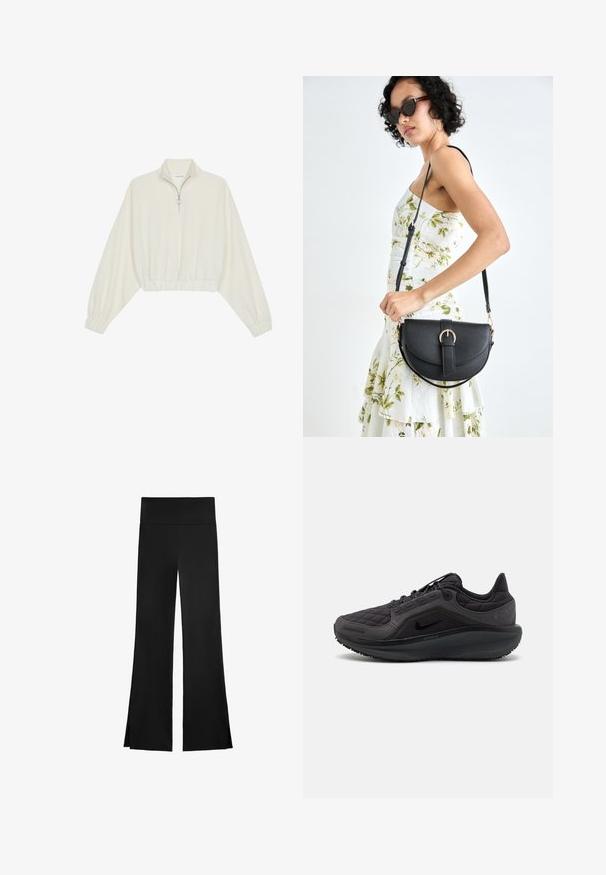 Lyhyt kerrosvaate vaaleasta kankaasta, jossa on korkea kaulus, puolivetoketjukiinnitys, joustavat helma ja hihansuut, tasainen pinta ja minimalistinen muotoilu.; Mustat housut leveällä lahkeella, joissa on korkea vyötärö ja sivuaukot liikkumisen helpottamiseksi. Valmistettu sileästä ja joustavasta kankaasta.; Musta urheilukenkä, jossa on palotettu yläosa, tekstuuriset yksityiskohdat ja pehmustettu pohja. Varustettu näkyvällä Nike-logolla ja kestävyylle suunnitellulla pohjalla.; Musta nahkainen käsilaukku, joka on kaareva muotoilultaan, irrotettavalla hihnalla ja kultaisilla yksityiskohdilla. Laukussa on läppä, jossa on solk yksityiskohta.